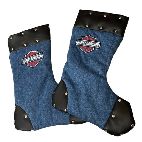 Harley-Davidson Other - Harley Davidson Vintage Denim Studded Boot Christmas Stocking Embroidered 2P